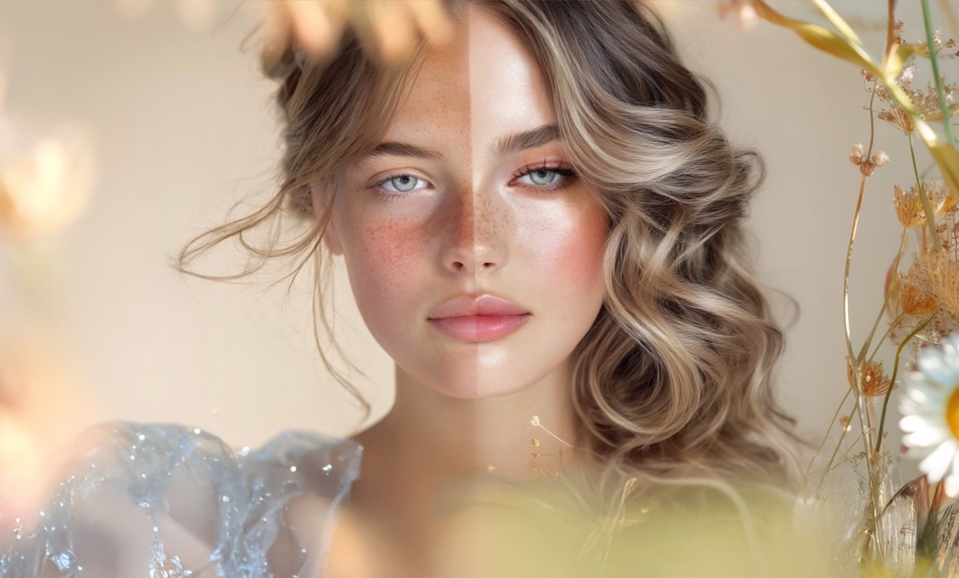 Digital makeover before and after transformation of a young woman with freckles, soft natural glow up featuring warm-toned makeup, new hairstyle, and balanced face-enhancing edits. Personalized beauty edit based on face shape and color palette. Ideal example of realistic digital retouching that shows how to enhance natural beauty with customized style.