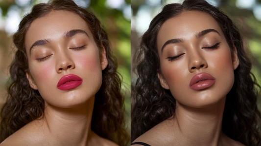 Side-by-side makeup comparison: on the left, mismatched bright pink lipstick and blush that don't suit the skin tone; on the right, perfectly balanced makeup with neutral tones, defined brows, and soft contouring