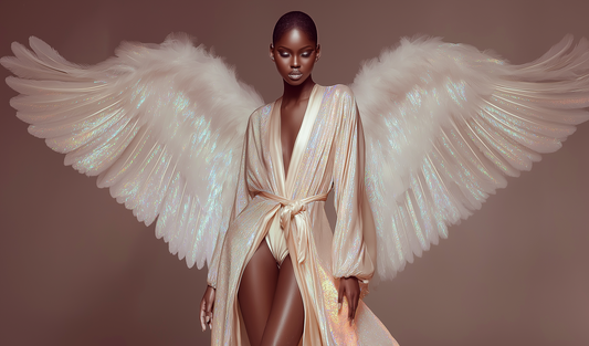 Confident Black model walking on a soft-lit runway in a long silk robe and angel wings. Her graceful look combines fashion fantasy with body confidence and glowy beauty.