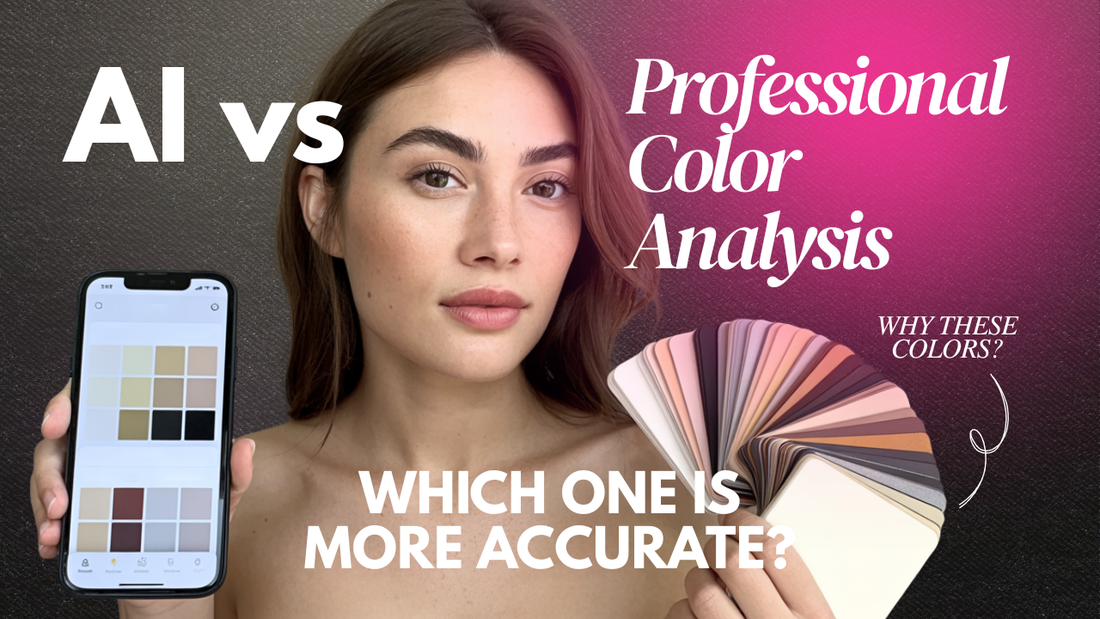Woman comparing a color analysis app on a smartphone with physical color swatches, alongside the text “AI vs Professional Color Analysis: Which One Is More Accurate?”