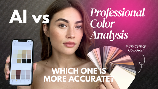 Woman comparing a color analysis app on a smartphone with physical color swatches, alongside the text “AI vs Professional Color Analysis: Which One Is More Accurate?”